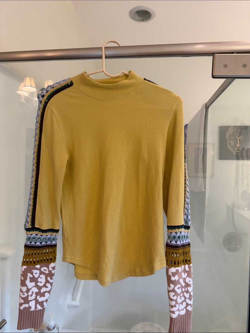 Free People Women’s Mustard Yellow Knit Sweater with Patterned Sleeves